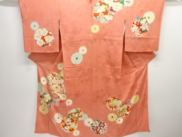 JAPANESE KIMONO / ANTIQUE KIMONO / TAISHO ROMAN STYLE / MON KINSHA / EMBROIDERY / FLOWER ROUNDEL